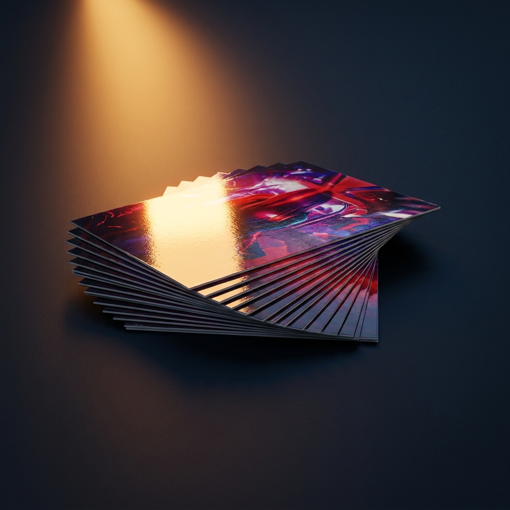 High-gloss UV-coated club flyers fanned in a stack